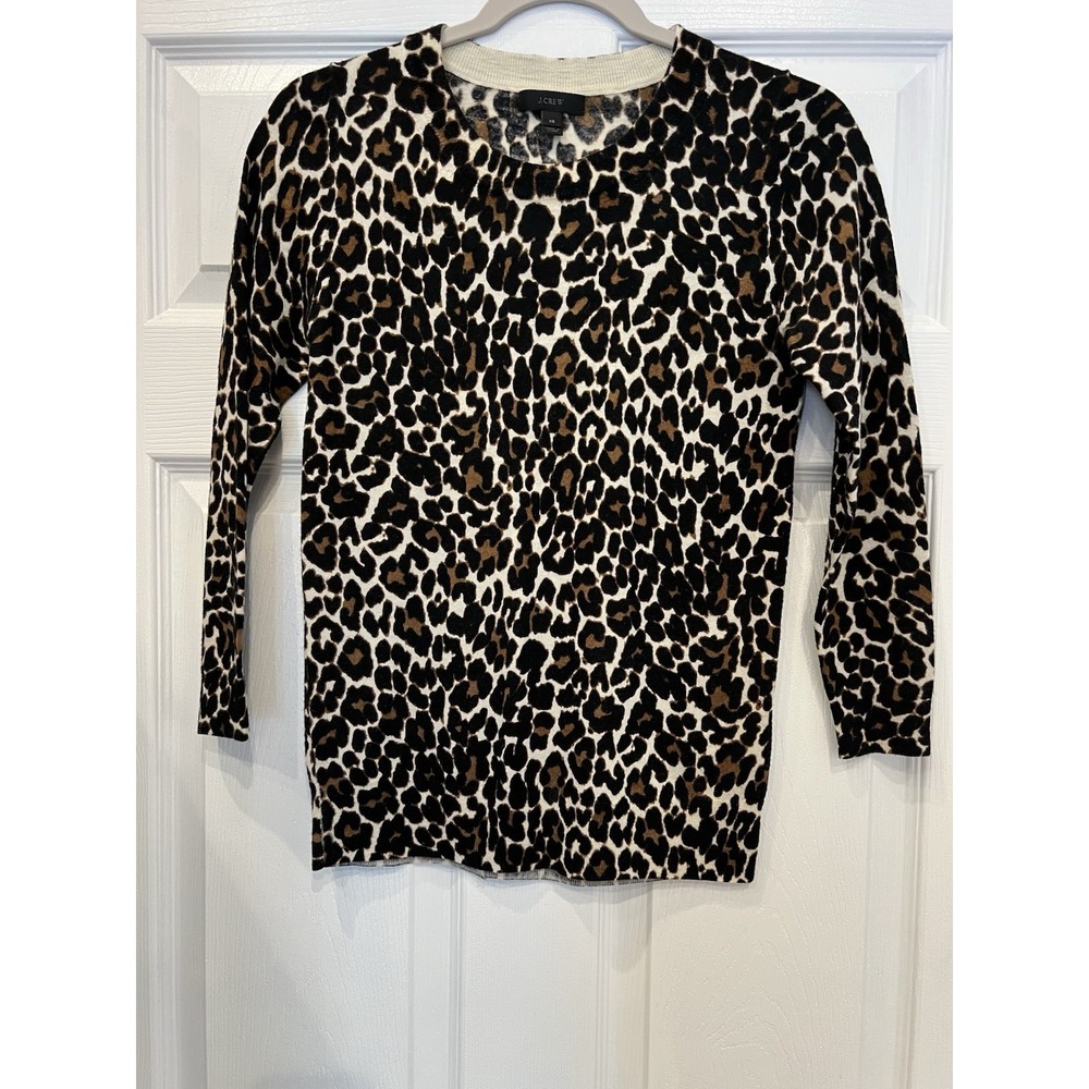 J Crew Tippi Merino Wool Leopard Print Sweater Women's Crewneck Pullover Sz XS